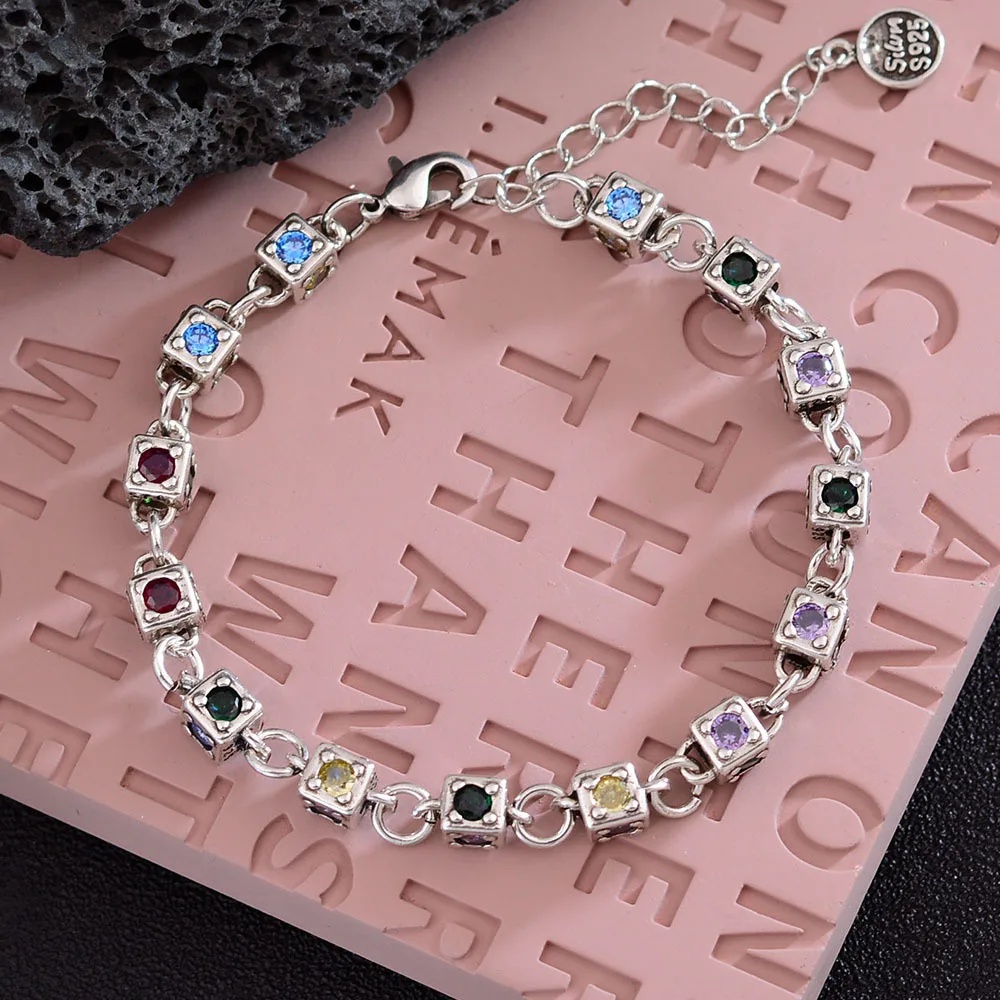 New Arrival Vintage Square Sugar Colorful Crystal Thai Silver Female Bracelet Promotion Jewelry For Women Gifts Cheap No Fade