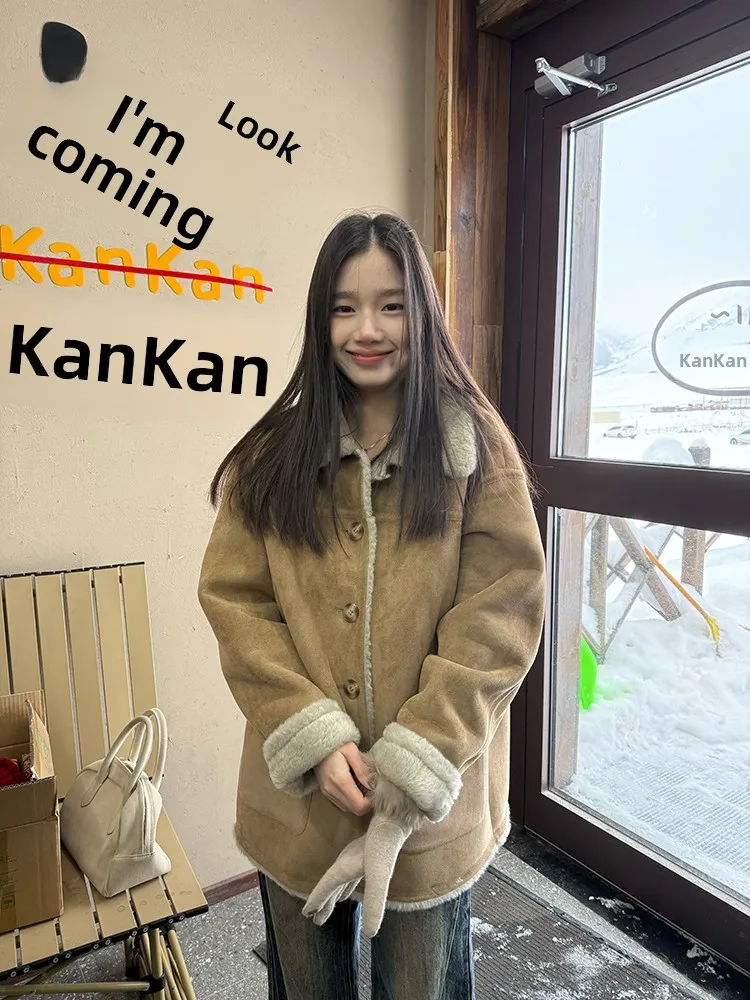 

YOKLASS Khaki Leather Fur Jacket Women's Thickened Long Sleeve Stand Collar Winter New Style Retro Style Integrated Coat