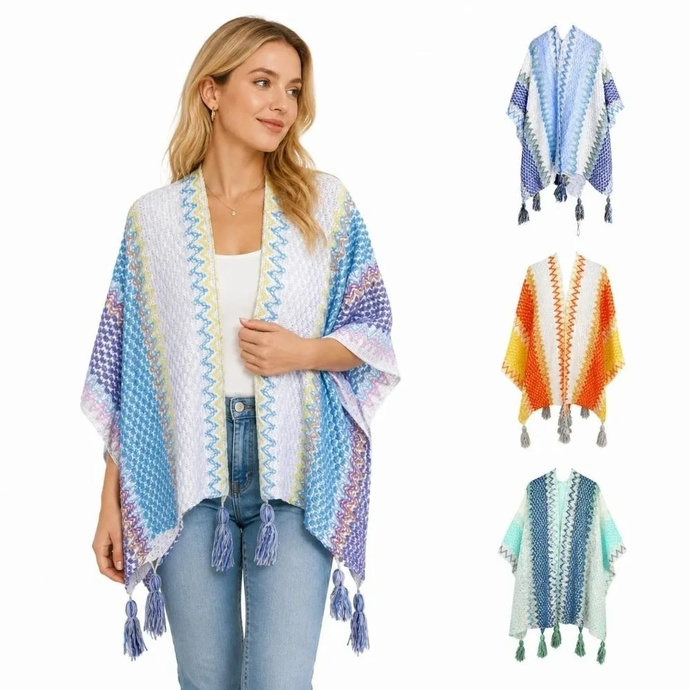 Striped Pattern Knit Poncho Cape Oversized Ethnic Print Shawl Wrap Cardigan Warm Long Tassel Open Front Poncho Autumn Winter