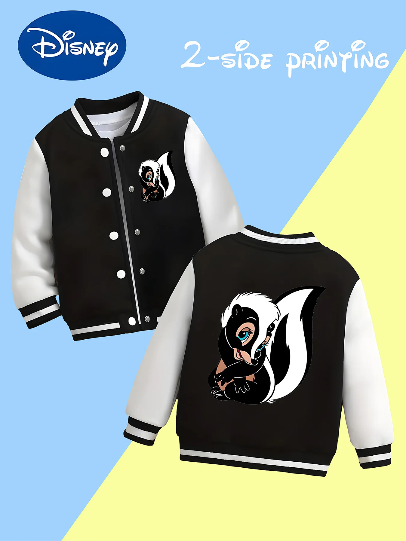 

MINISO Disney Cartoon Skunk Kids Baseball Boys Jacket - Double-sided playful skunk print, casual time, soft personality wear