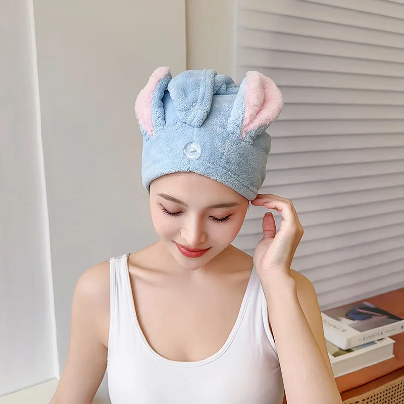 Dry Hair Cap Polyester Nylon Coral Fleece Absorbent Rabbit Ears Dry Hair Cap Towels Children\'s and Adults\' Thickened Shower Caps