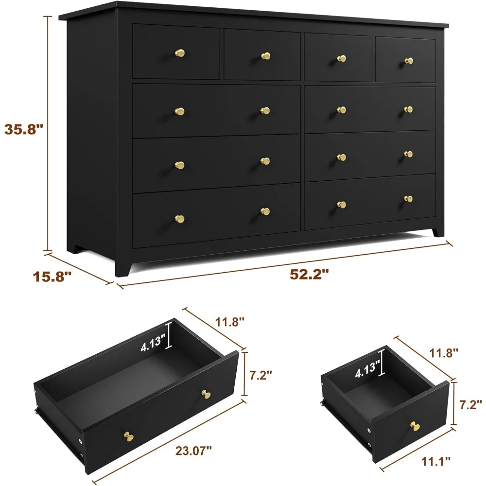 Dresser, 10 Drawer Dresser Black Dresser & Chests for Bedroom with Smooth Metal Rail Wooden Wide Dressers for Bedroom,En