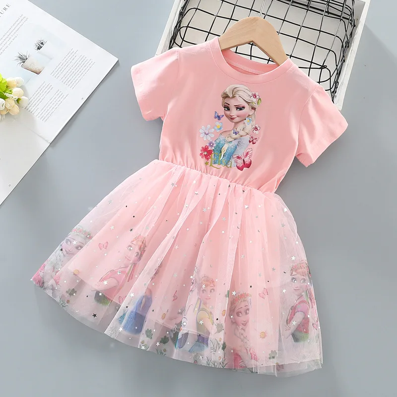 2024 Girls Dress Cartoon Summer Frozen Fashion Children's Elsa Princess Baby Girl Toddler Short Sleeve Cute Party Dresses 3-9Y