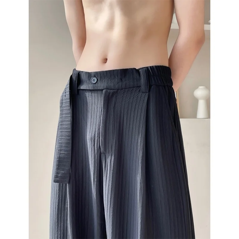 

Ice Silk Wide Leg Men's Pants Summer Thin Drape Texture High Faion Korean Straight Cut Briti Ele Casual Trousers