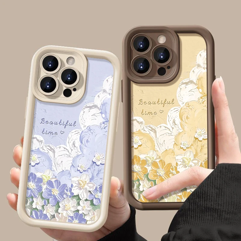 3D Oil Painting Flower Print Silicone Phone Case For iPhone 14 15 Pro 13 12 11 Pro Max 7 8 XR X XS Shockproof Soft Cover Fundas