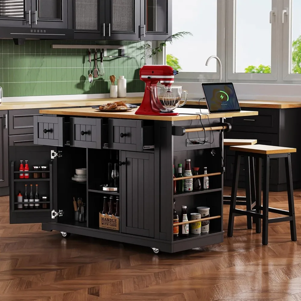 

53" Kitchen Cart Island on Wheels with Power Outlet,Drop Leaf,3 Drawers and 5 Open Side Racks,Wood Frame Storage Cabinet