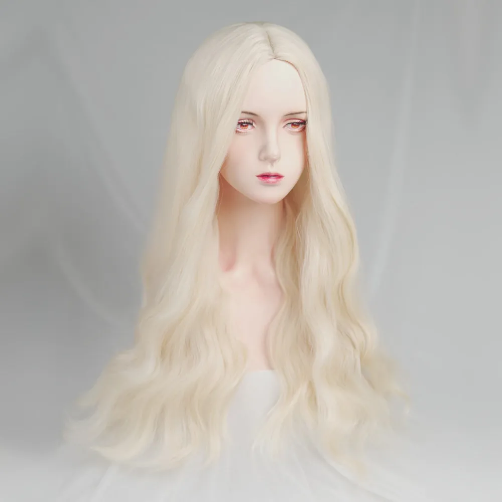 プラチナウィッグ女性用ロングカーリーヘアミディアムバングス韓国風ビッグウェーブフルフードコスユニバーサルライトカラー女性グループスタイル