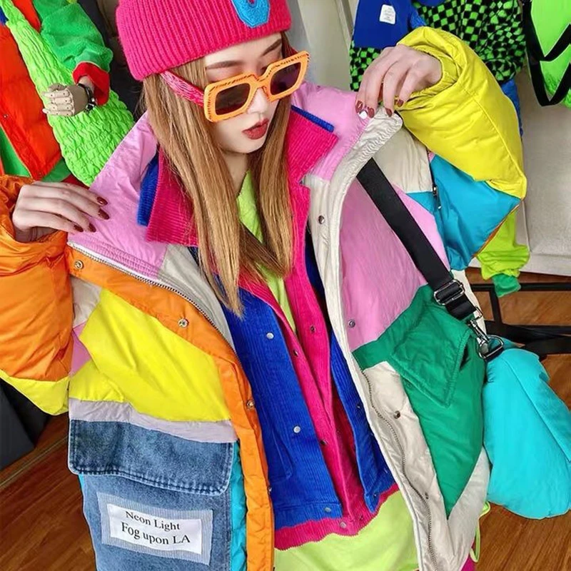 2024 New Winter Colorful White Down Parka Winter Warmer Thicken Streetwear Puffer Jacket Hooded Long Sleeve Loose Outerwear Coat