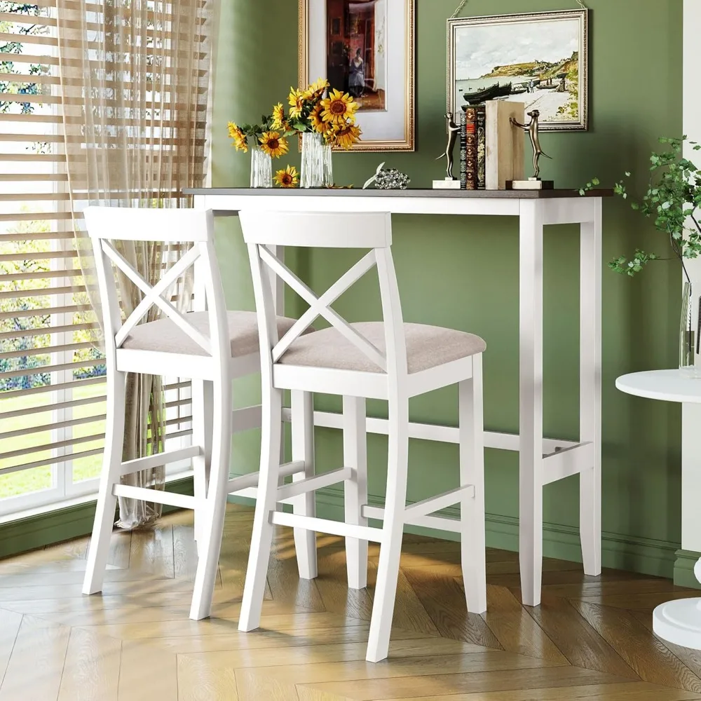 3 Piece Bar Dining Table Set, Counter Height Bar Table and Chair Set Farmhouse Kitchen Table Set with 2 Upholstered Chairs for K