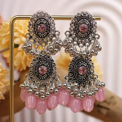 Ethnic Romantic Pink Crystal Bead Tassel Earring Women Ethnic Silver Plated Round Long Dangle Earrings Bridal Wedding Jewelry