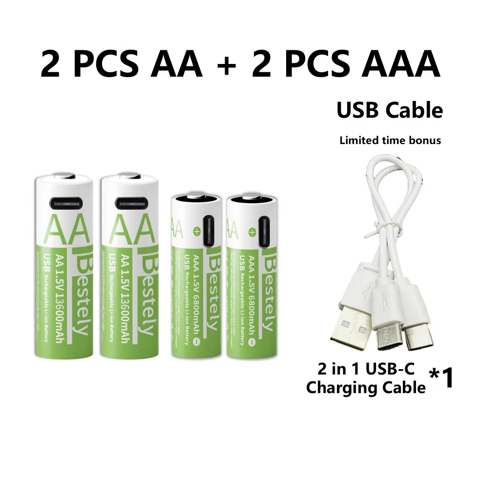 1,5 V AA/AAA Li-Ionen-Akkus 13600 + 6800 mAh Ultraschnellladung ab 2000 Zyklen mit kostenlosem USB-C-Kabel für Spielzeug, Fernbedienungen, Kameras