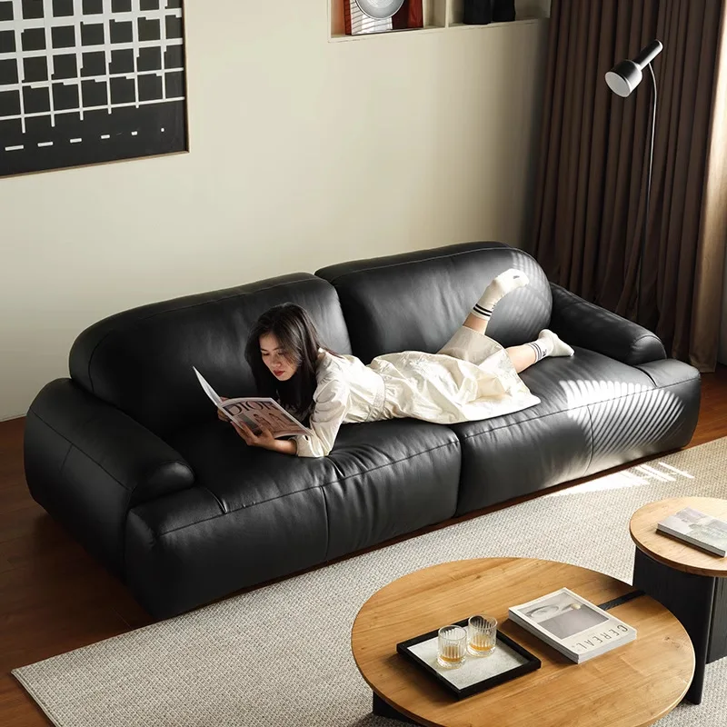 Leather sofa first layer cowhide small apartment living room straight row