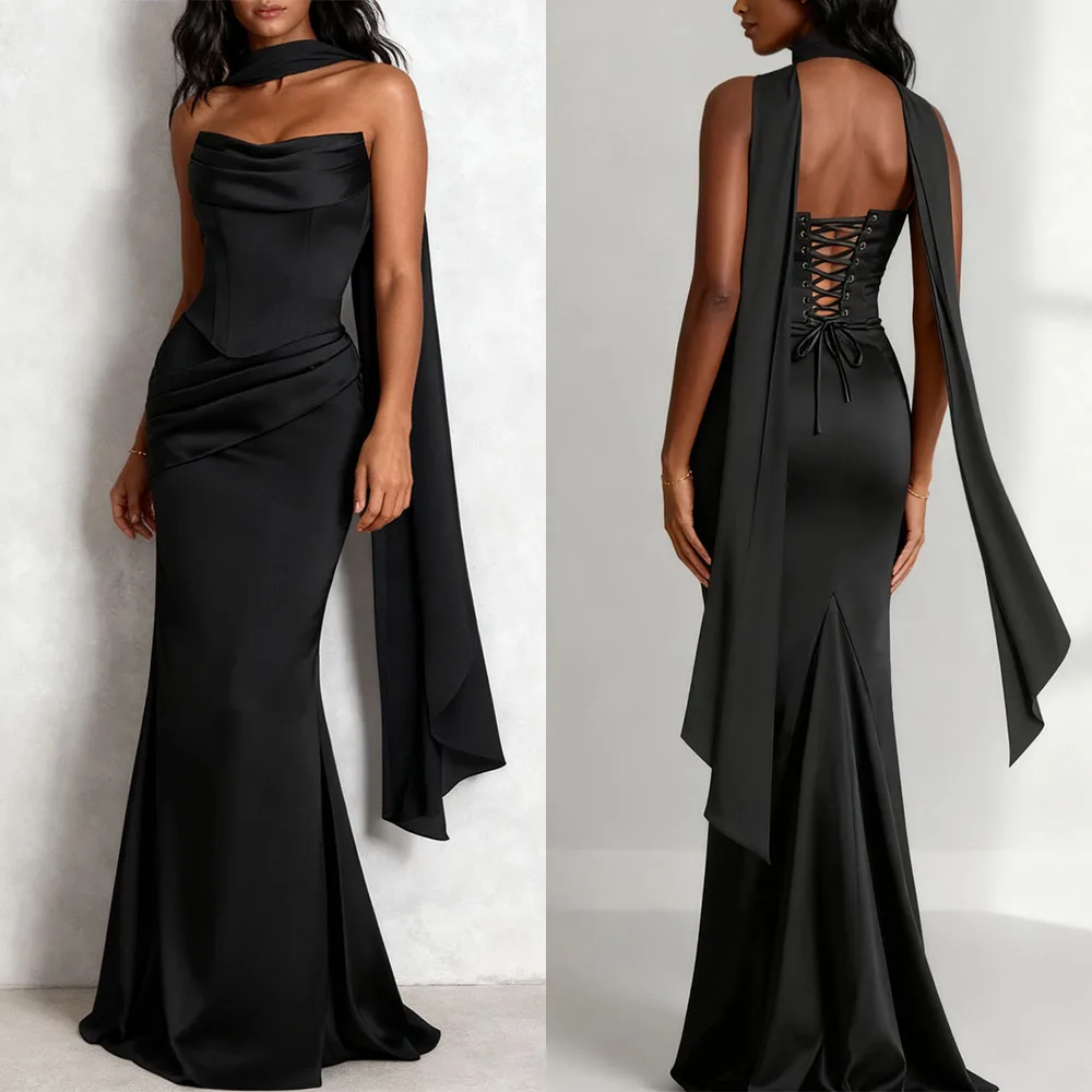 

High Quality Customized Sleeveless Floor Length Black Wedding Party Dresses Back Strap Robe Pour Mariage Invité Dress for Women