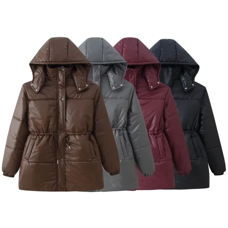 Autumn Women's Coat Is A Versatile Fashionable Four-color Hooded Waist-cinching Zipper Decorated Loose Warm Cotton-padded Jacket