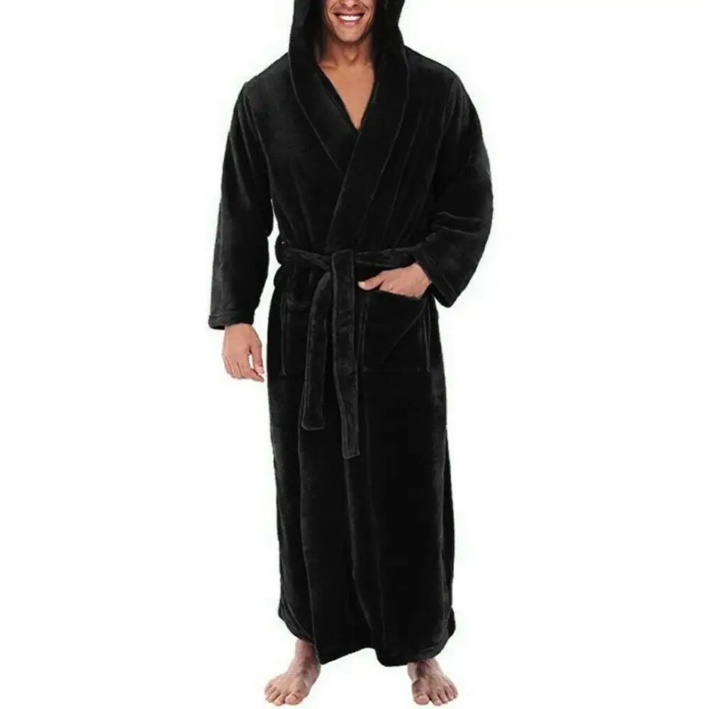 Loose Men Flannel Robe Winter Long Robe Home Gown Sleepwear Solid Color Pockets Winter Warm Casual Fleece Robe Lounge Nightgown