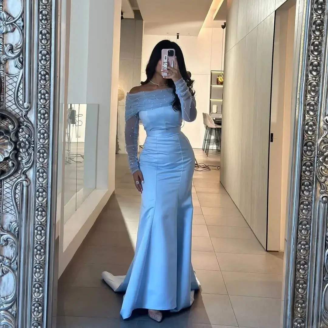 Azul plissado vestidos de baile sereia fora do ombro mangas compridas vestidos de noite até o chão arábia saudita vestido de festa de casamento