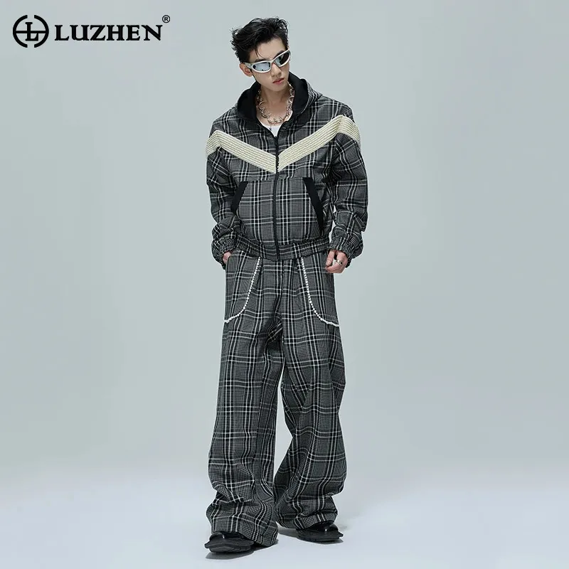 

LUZHEN 2025 осеннее оригинальное двустороннее пальто с капюшоном, мужские модные прямые брюки в клетку с принтом JY4453