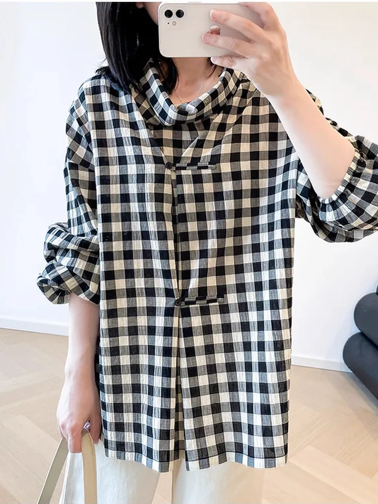 Rétro confortable coton Plaid haut ample femmes irt décontracté polyvalent respirant respectueux de la peau Cleanfit été mince Long Sl...