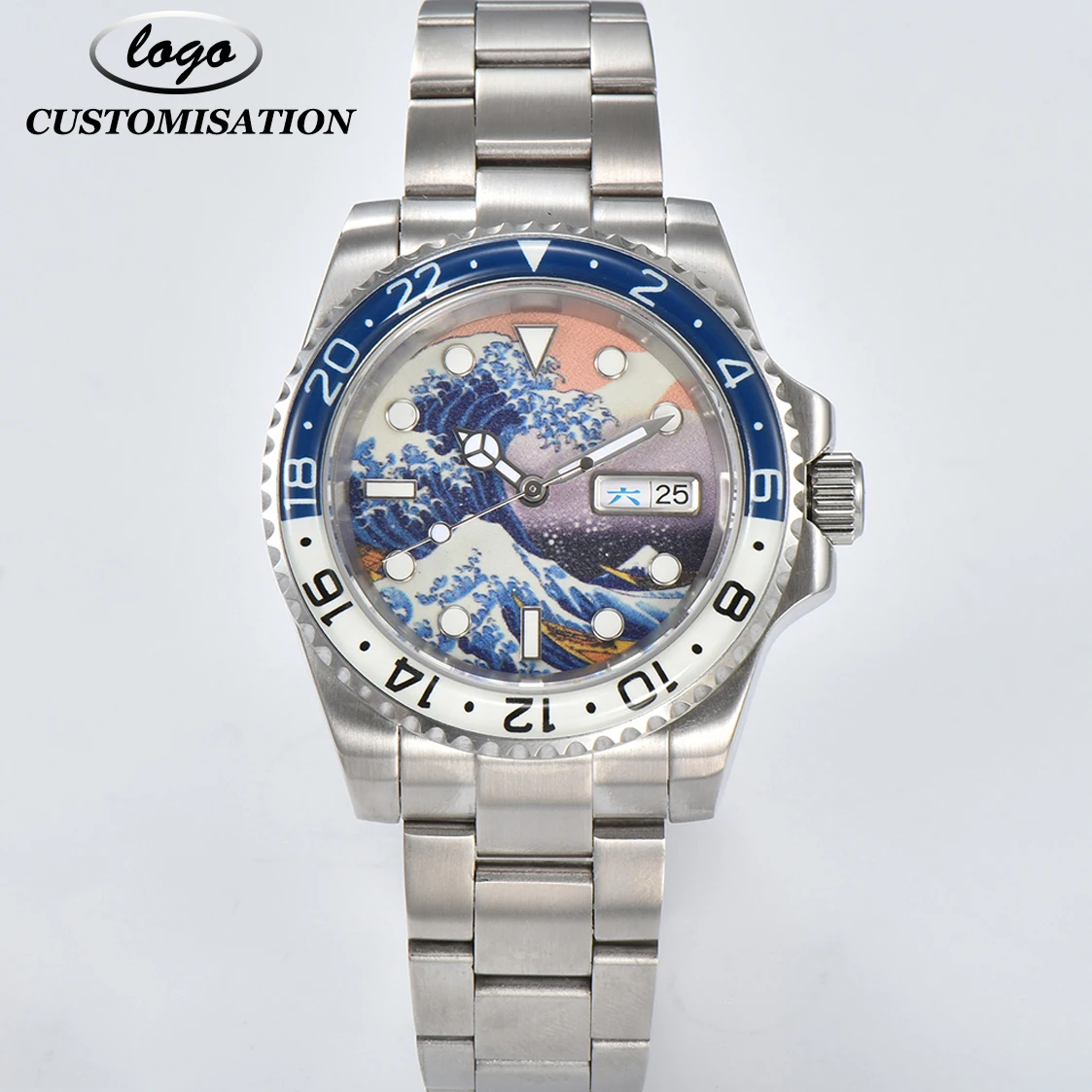 

Customisable Logo 40mm Men's Creative Luminous Ocean Wave Dial Automatic NH35A Stainless Steel Case Sapphire Glass Watch