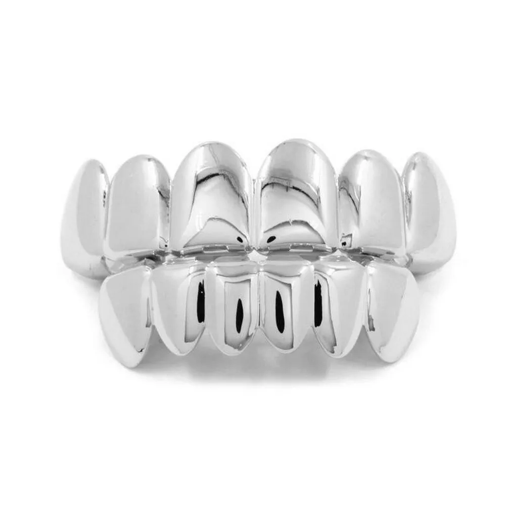 Gold Silver Plated HIP HOP Teeth Grillz Top & Bottom Grills Set With silicone Real Shiny Vampire Tooth Sets