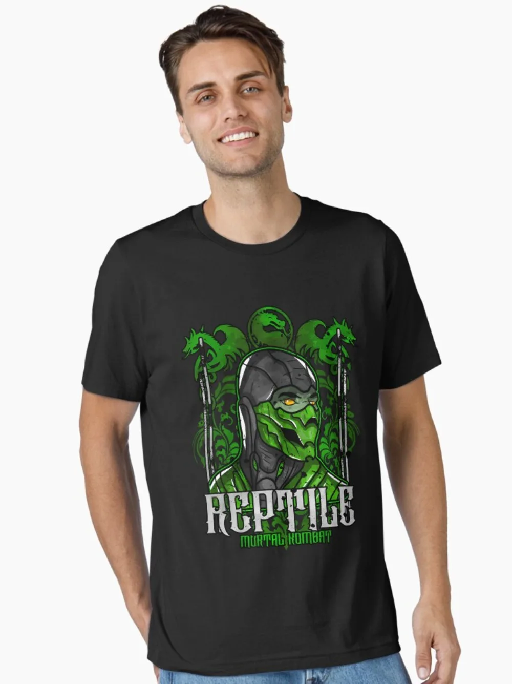 Mortal Kombat Reptile Portrait Print T Shirt Retro Video Game Green Ninja Graphic Tee Unisex Oversized Cotton Gaming Streetwear