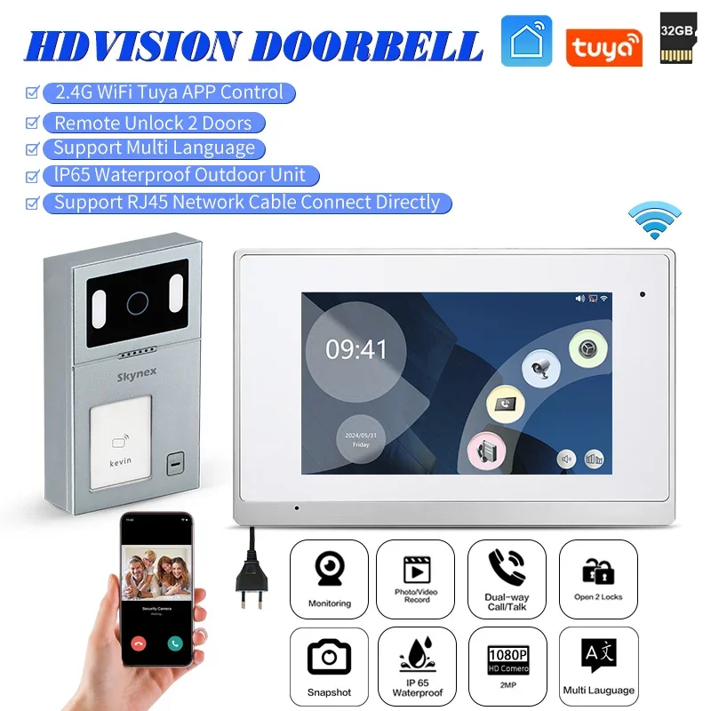 

Popular and Best Price Night Vision 7'' Touch Screen Tuya Wifi RJ45 Doorbell RFID Card HD 1080P Camera Videocitofono