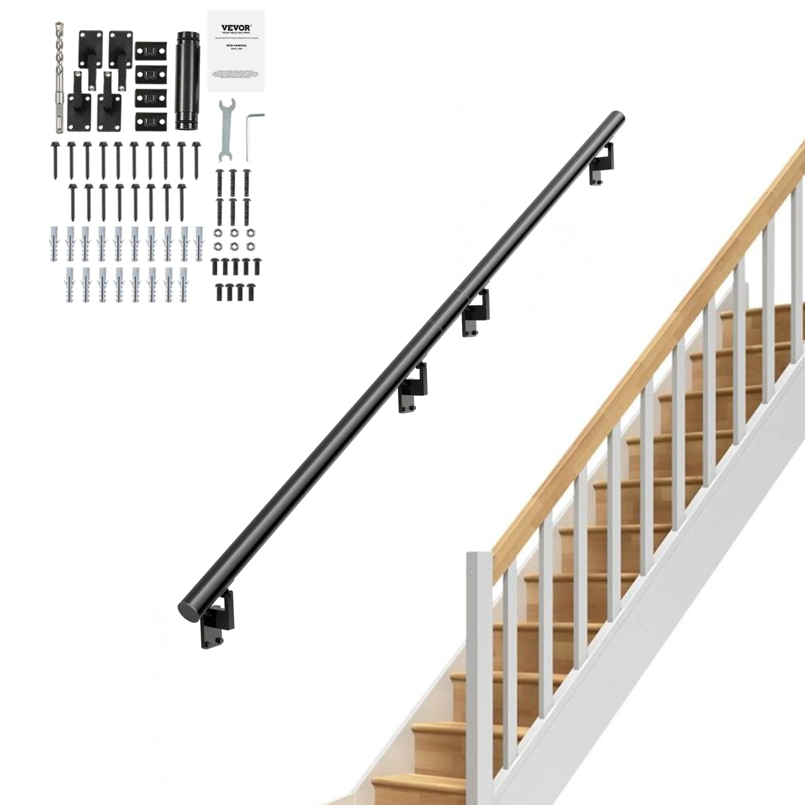 VEVOR 4/5/7/12 ft Handrail Stair Railing 440 LBS Wall Mount Stairway Hand Rail with Installation Kit for Indoor Outdoor Stairs