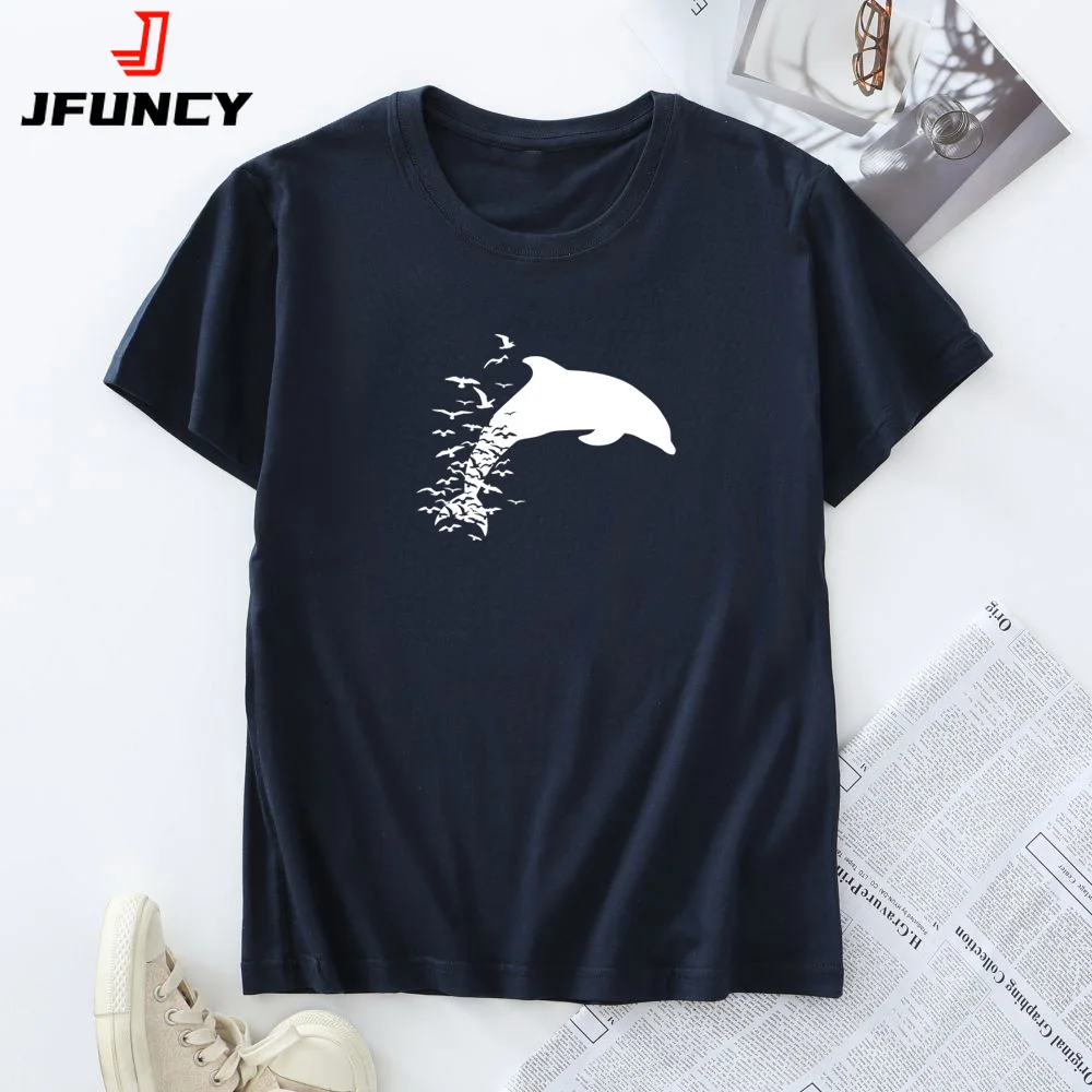 

Woman Short Sleeve T-shirt Women Summer Tees Oversized Tops Fashion Dolphin Graphic T Shirts Female Tshirt 100% Cotton Clothes
