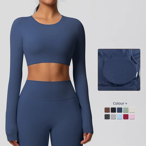 Camisas de Yoga para mujer de manga larga con acolchado, ropa de gimnasio para correr, entrenamiento, ajuste seco, Top deportivo transpirable de alta elasticidad