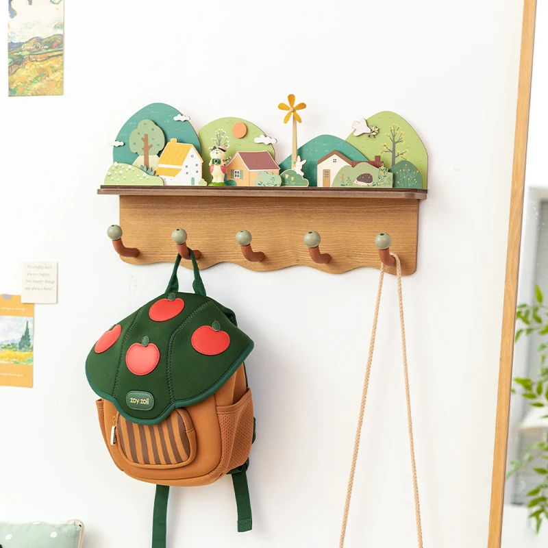 Japanese rural style wooden hooks, entry key storage rack, bag hooks, coat and hat hangers, cute wall decoration pendants