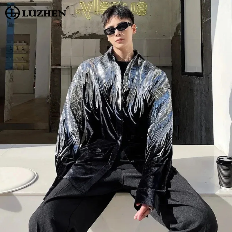 LUZHEN Long Shirts Sleeve Sequin Design Splicing 2025 Fashion Tops Flannel Niche Men's Elegant Light Luxury Prom Clothes JY5966