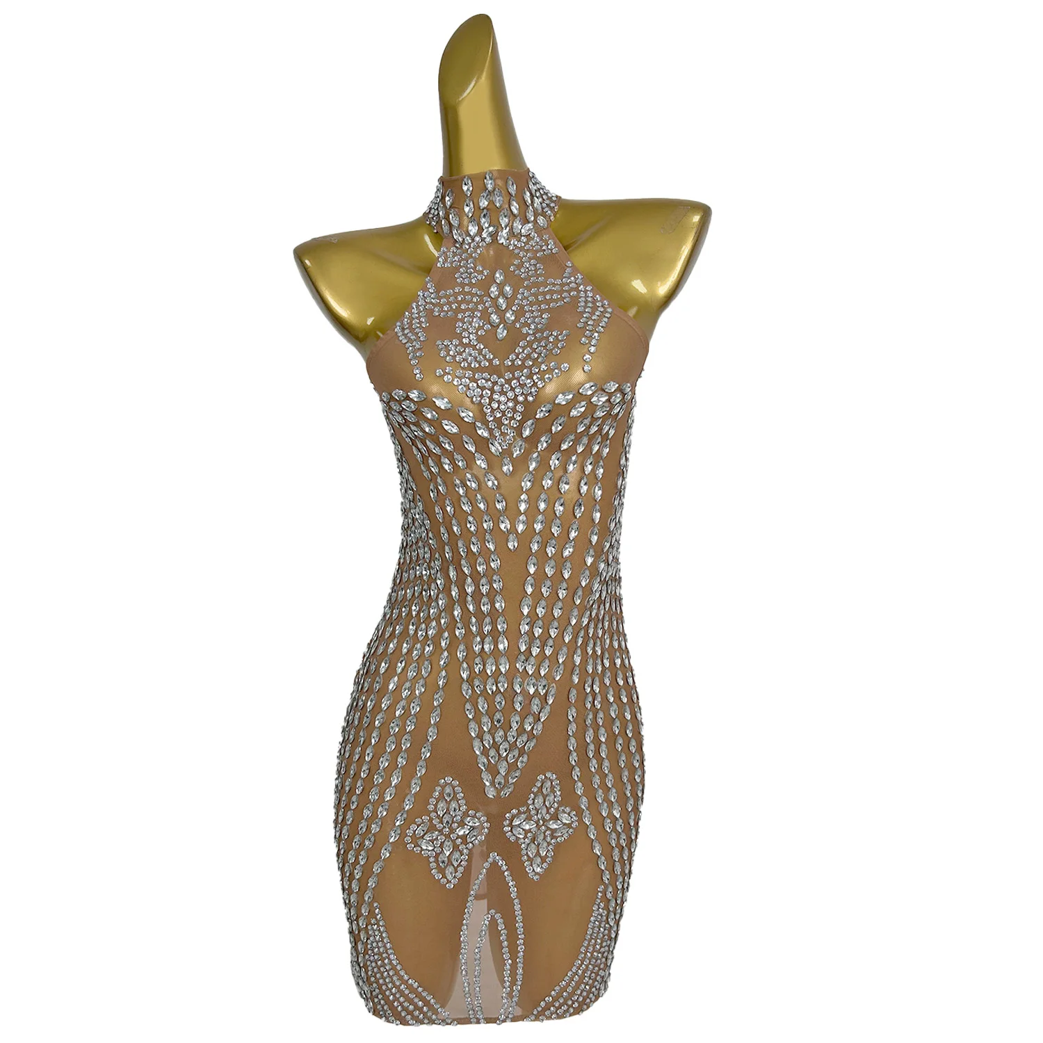 

Sparkling Silver Rhinestone Sleeveless Dress Sexy Mesh Sheer Short Skirt Nightclub Club Party Red Carpet Runway Dress heliye