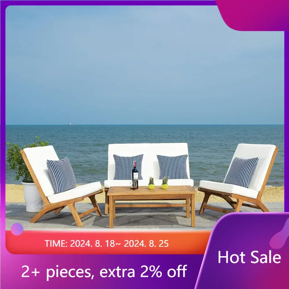 

Outdoor 4-Piece Navy Pillows Patio Set Outdoor Garden Living Room Set of Garden Furniture Natural/Beige Stripe Dining Room Sets