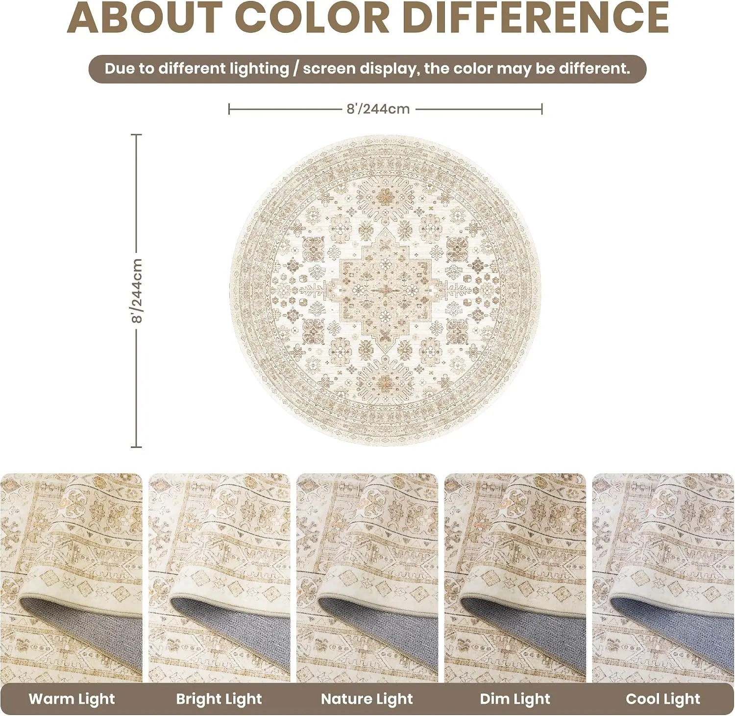 Large Round Boho Area Rug Cream Beige Moroccan Vintage Pattern Plush Floor Mat Living Room Decor Soft Cushion Carpet Accent Rug