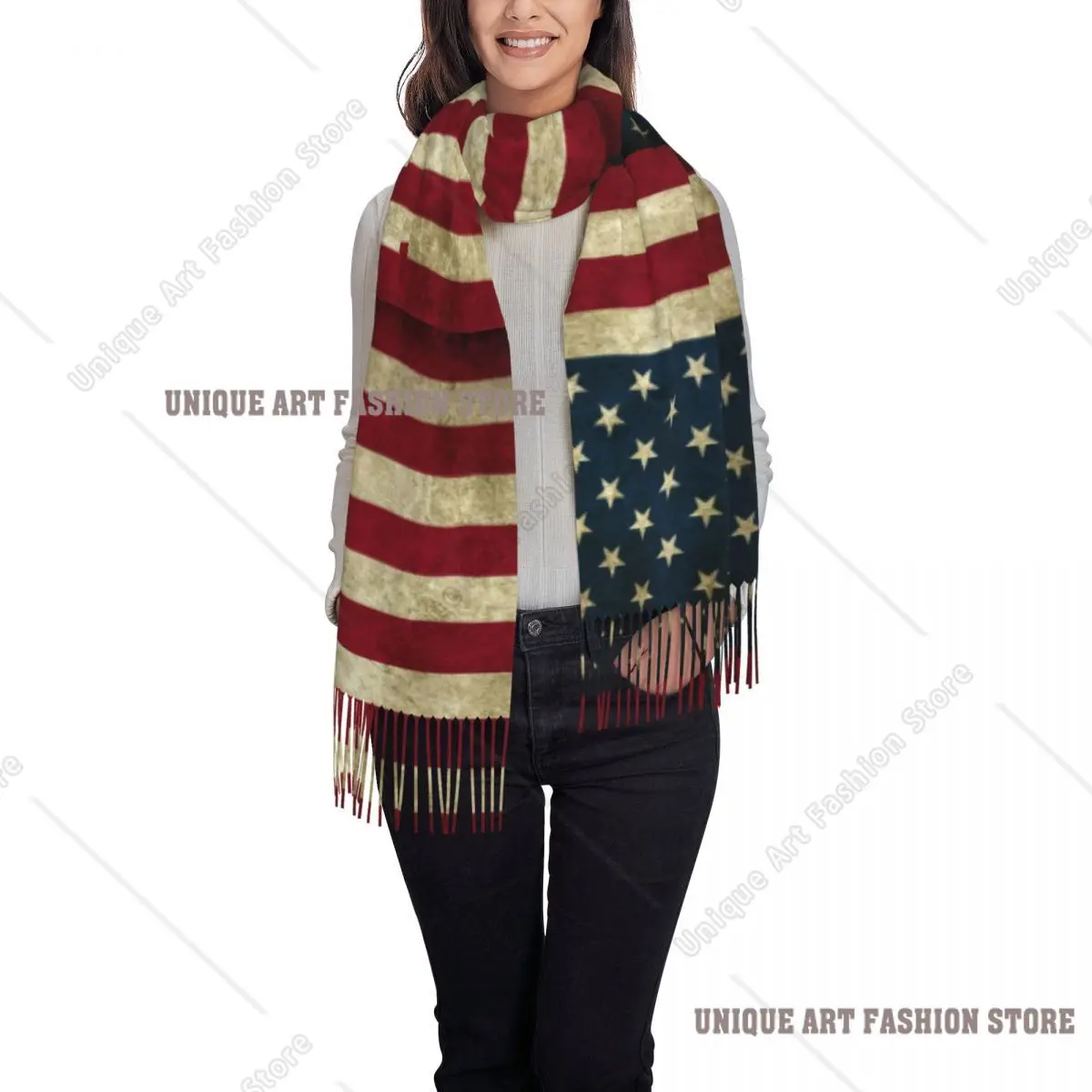 Vintage American Flag Tassel Scarf Women Soft USA Proud Shawl Wrap Ladies Winter Scarves
