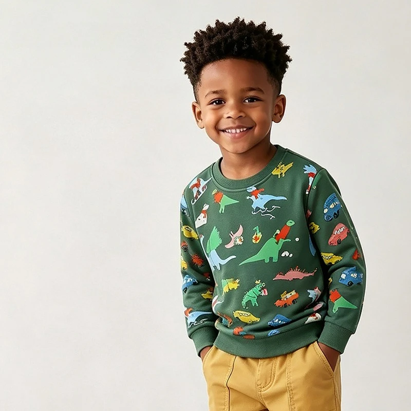 Christmas Sweatshirts Boys 100% Cotton Hoodies Pullover Tops Dinosaur All Over Print Long Sleeve Crew Neck Kids Sweatshirt