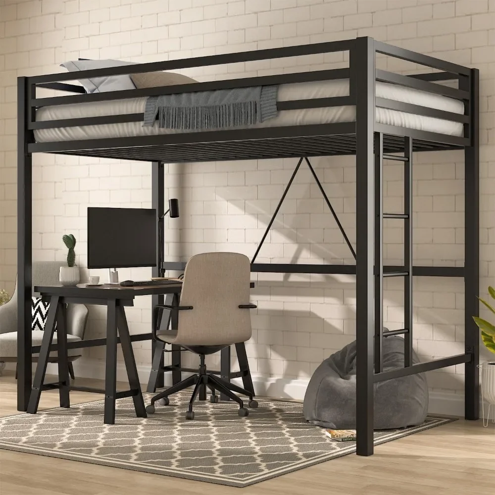 Loft Bed Frame Juniors&Adults, Metal Loft Bed Twin Size with Safety Guardrail&Removable Ladder, Space-Saving, Noise Free