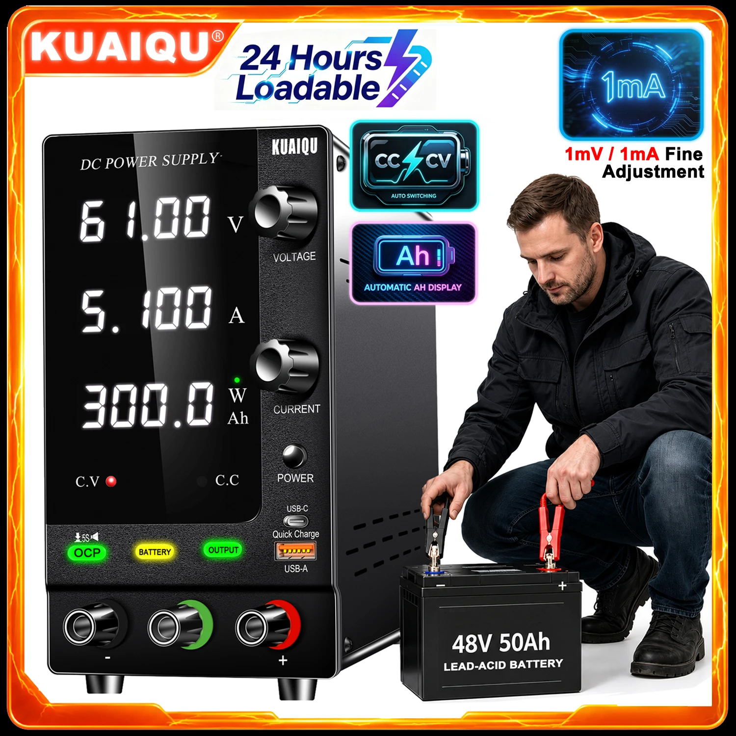 Alimentatore Regolabile KUAIQU, 12V 24V 30V 48V 60V 72V 120V Alimentatore da Banco per la ricarica delle batterie di auto/moto/camper/camper, Alimentatore da Banco laboratorio per la ricarica delle