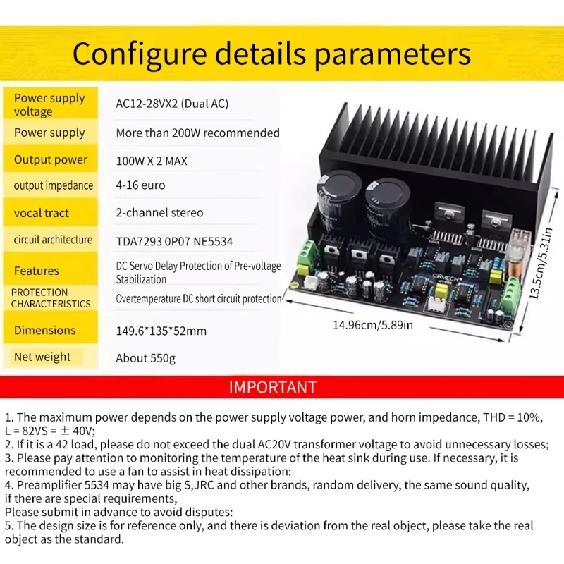 Canale NE5534 Digital Power Amplifier Board TDA7293+OP07+NE5534 100WX2