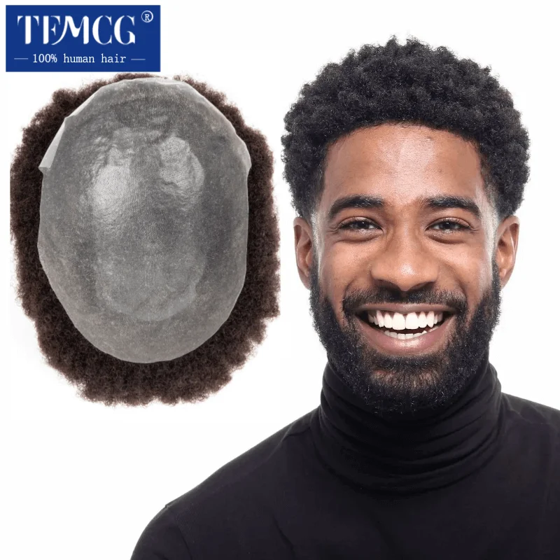 Tupé Afro duradero con Base de piel anudada doble para hombres, peluca de cabello humano 100% para hombres negros, sistema de reemplazo de prótesis de cabello Masculino