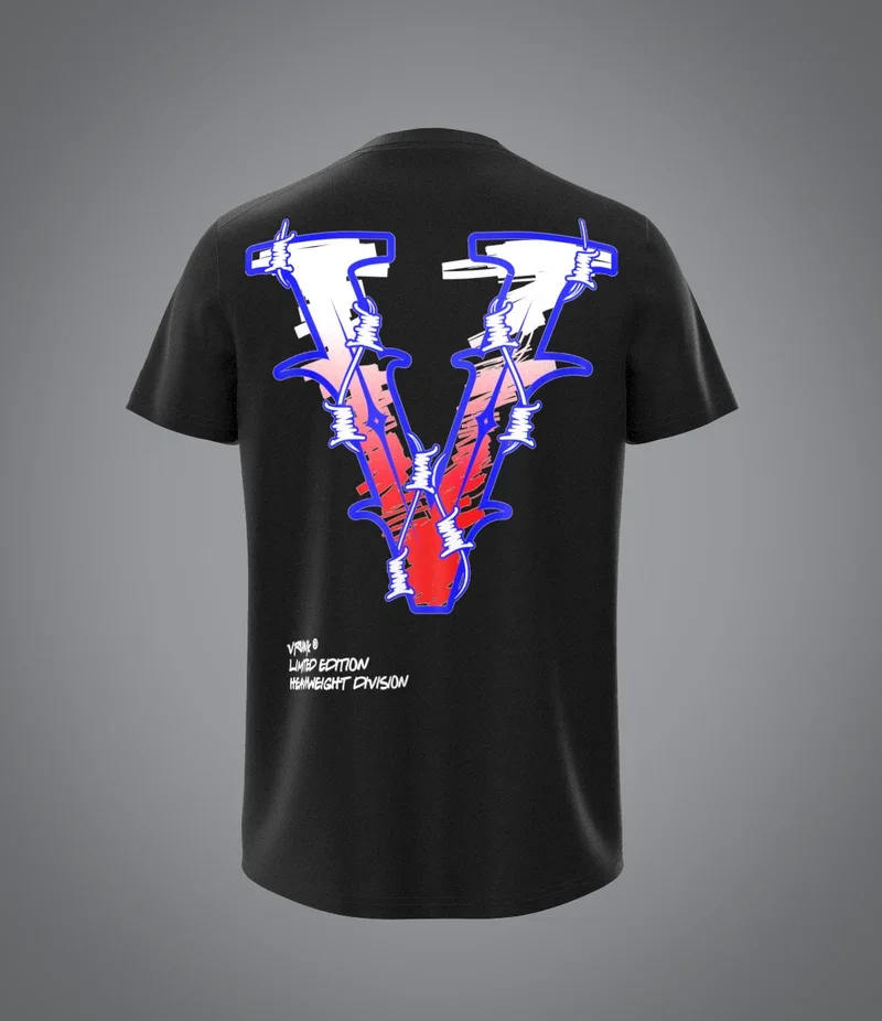 NIGHTLOCK T-shirt Black tee, barbed wire gradient V print on back, hip hop limited heavyweight streetwear cotton casual loose
