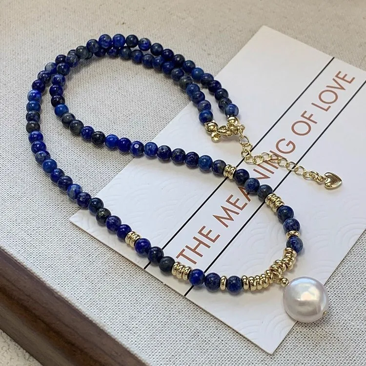 100% Natürliche Barocke Knopf-Süßwasserperlen & Lapislazuli-Perlen, 14K Vergoldete Damen-Anhänger-Halskette, Verblasst Nicht, Geschenk – Detail 4