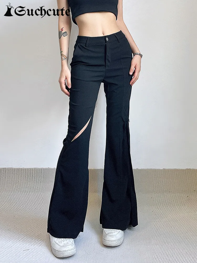 

SUCHCUTE Cheap Clearance Sale Basic Black Hollow Out Sweatpants Women Korean Fashion Solid Bell-bottomed Pants High Waist Cloth