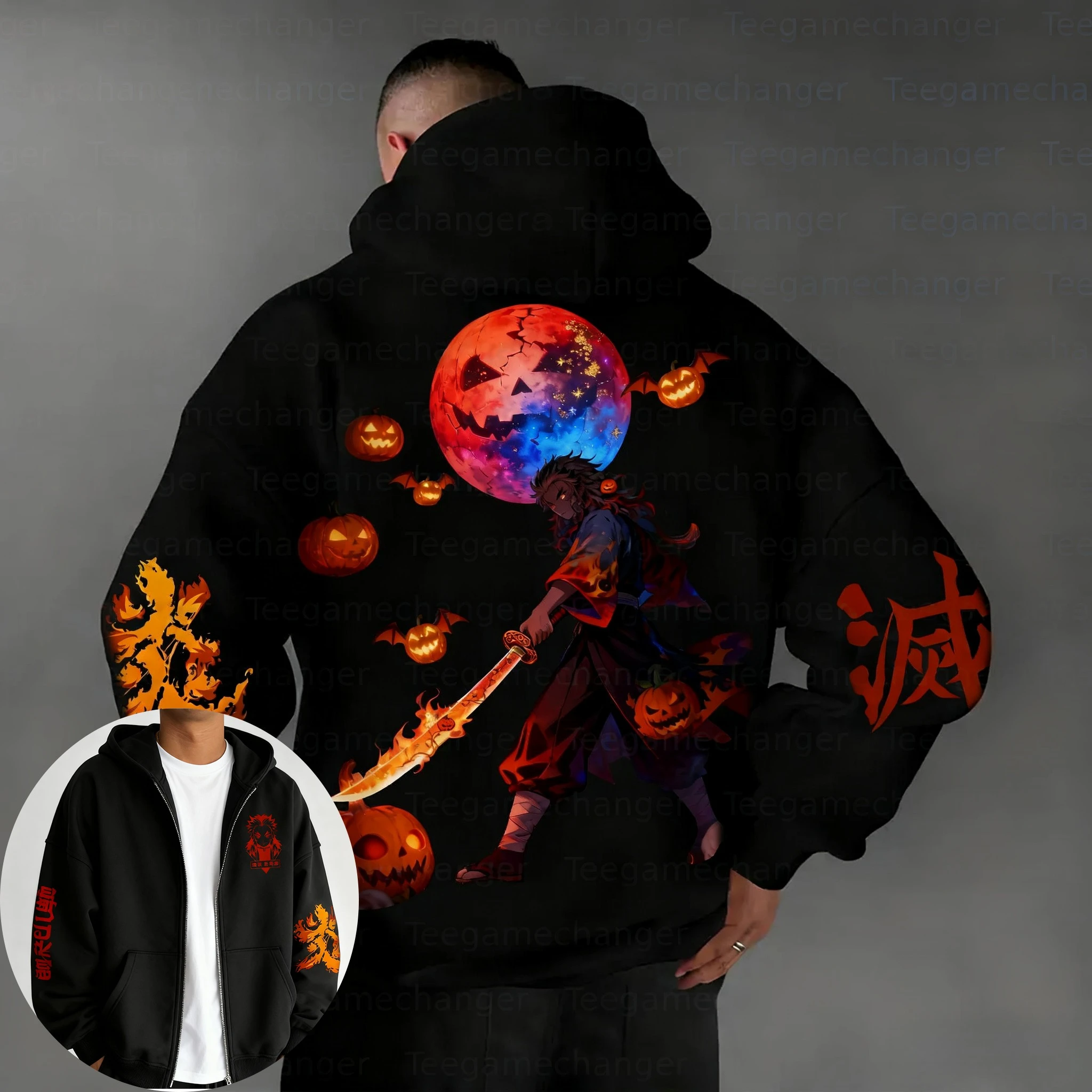 

Demon Slayer Halloween Co-branded Zipper Hoodie Men's Autumn/Winter New Rengoku Kyoujurou Anime Printed Casual Loose Sweater Top