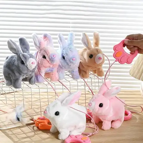 Walking Bunny Toy Cute Electric Rabbit Interactive Plush Toys With Sounds and Rope Animated Rabbit Stuffed Doll Birthday Gifts