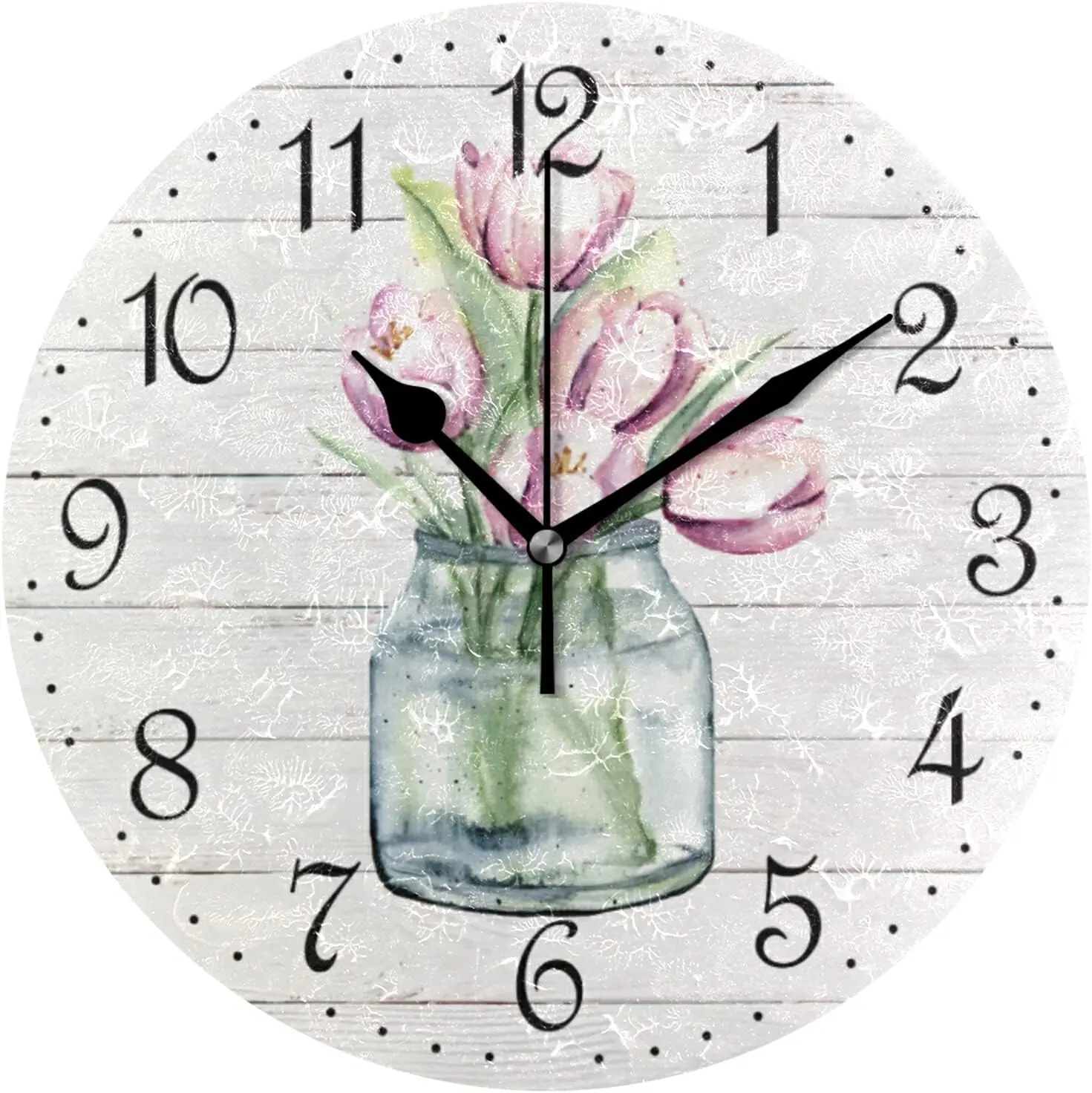 

Настенные часы в стиле ретро, деревенский тюльпан, бесшумные, нетикающие, декоративные настенные часы на батарейках, 10 дюймов, для дома, гостиной, кухни