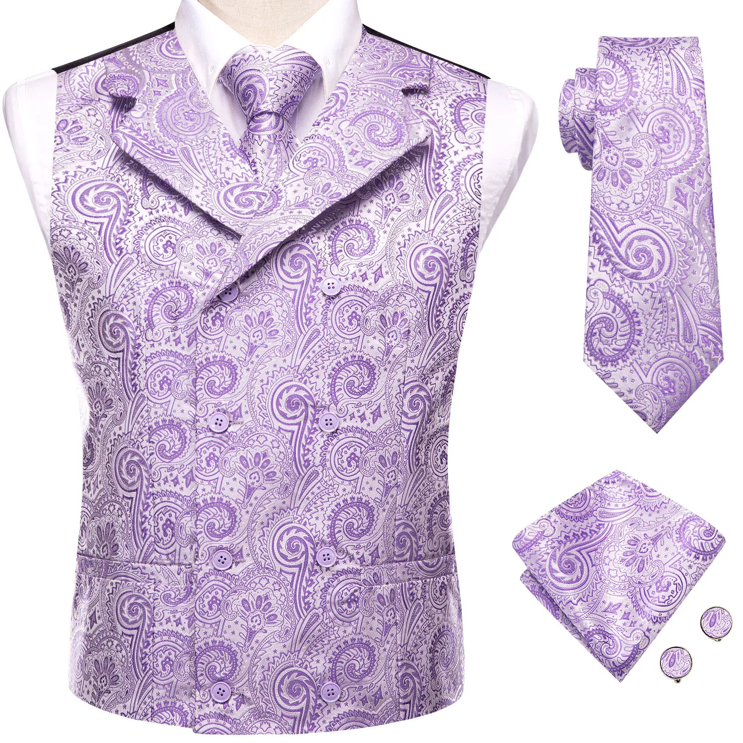 

Hi-Tie Light Purple Silk Vests For Men Wedding Paisley Jacquard Waistcoat Jacket NeckTie Handkerchief Cufflinks Business Party