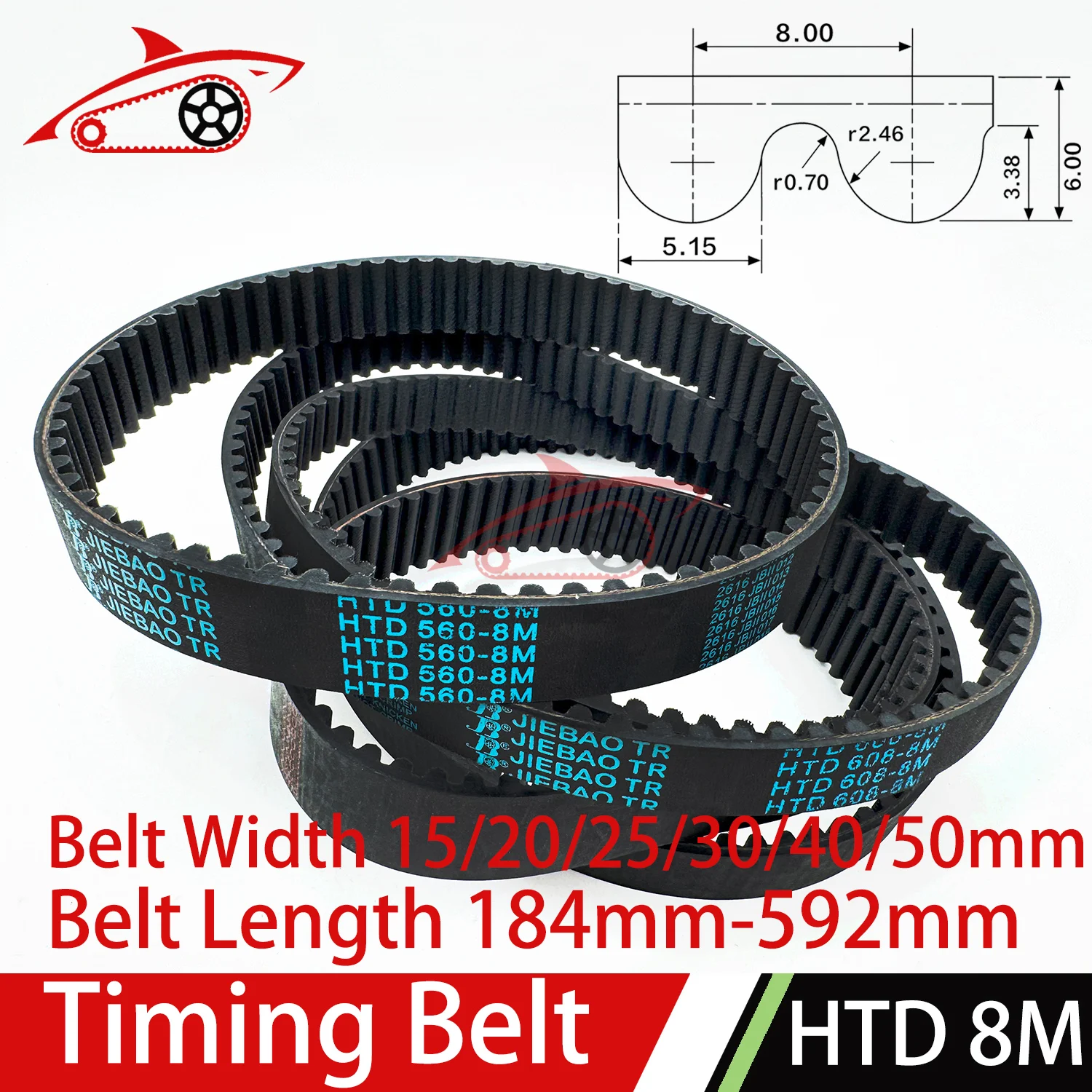 HTD 8M Rubber Timing Belt Width 15 20 25 30 40 50mm Length 184 248 256 272 304 320 328 376 400 408 440 456 504 520 560~584 592mm