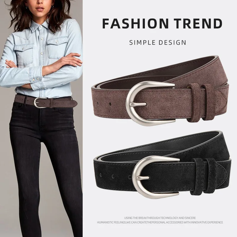 

Women Genuine Leather Clothing Accessories Cowhide Belt, Female Retro Maillard Style Jeans with Fashionable Frosted Belts
