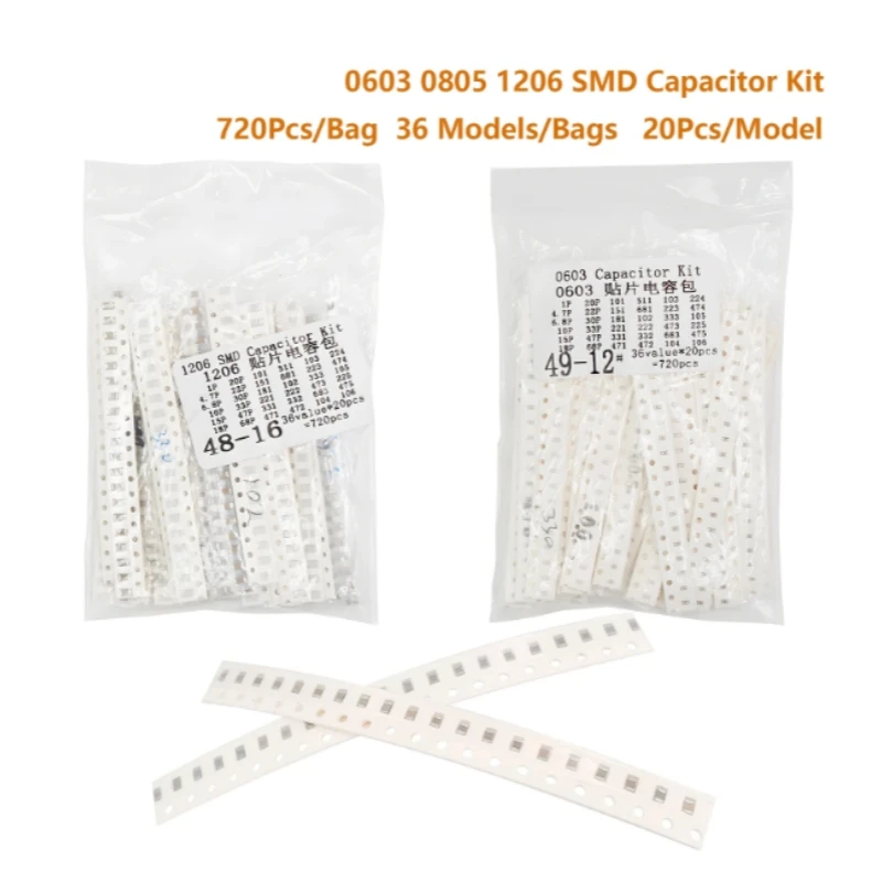 720Pcs 1206 0603 0805  SMD Capacitor Assorted Kit 36values*20pcs 1pF-10uF MLCC Electronic DIY Multilayer Ceramic Chip Capacitors